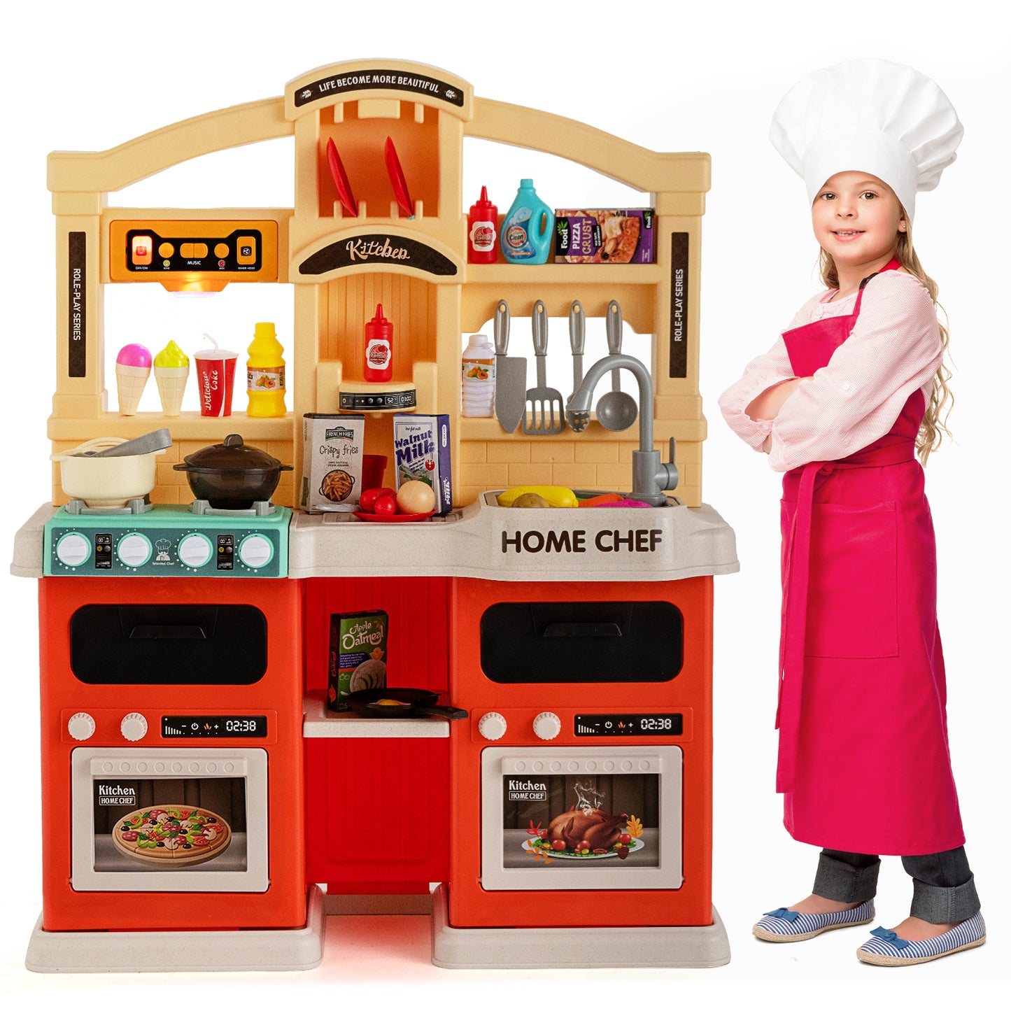 69 Pieces Kids Kitchen Playset Toy with Boiling and Vapor Effects-Orange