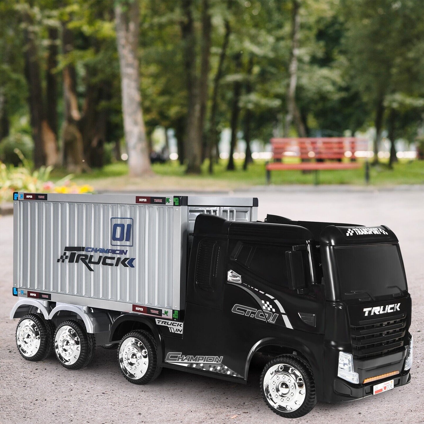 12V Ride-On Semi-Truck with Container for Kids of 3-8 Year Old-Black