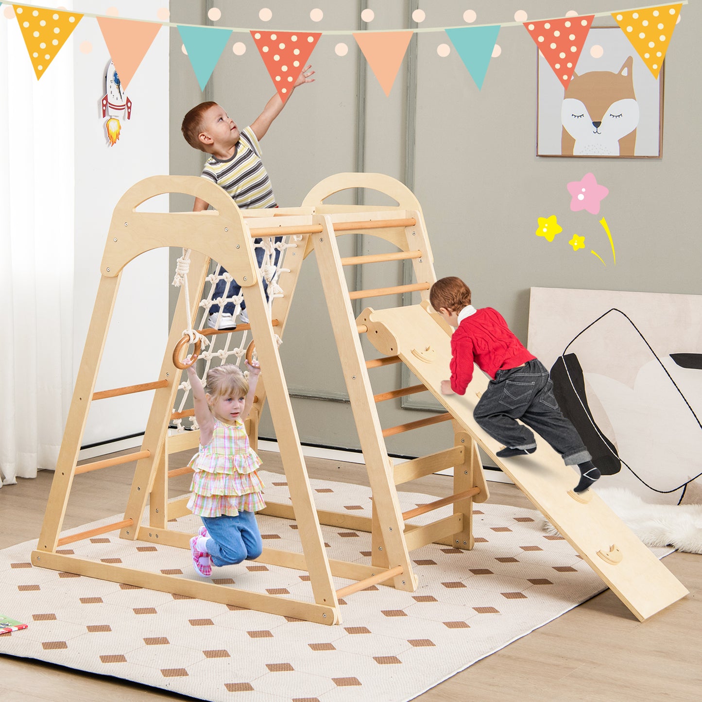 6-in-1 Kids Indoor Playground with Slide for Toddlers over 1 Year Old-Natural