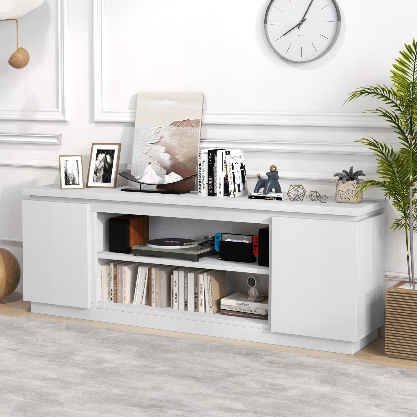 TV Cabinet for TVs up to 80 Inch Media Console Table with 3 Adjustable Shelves-White