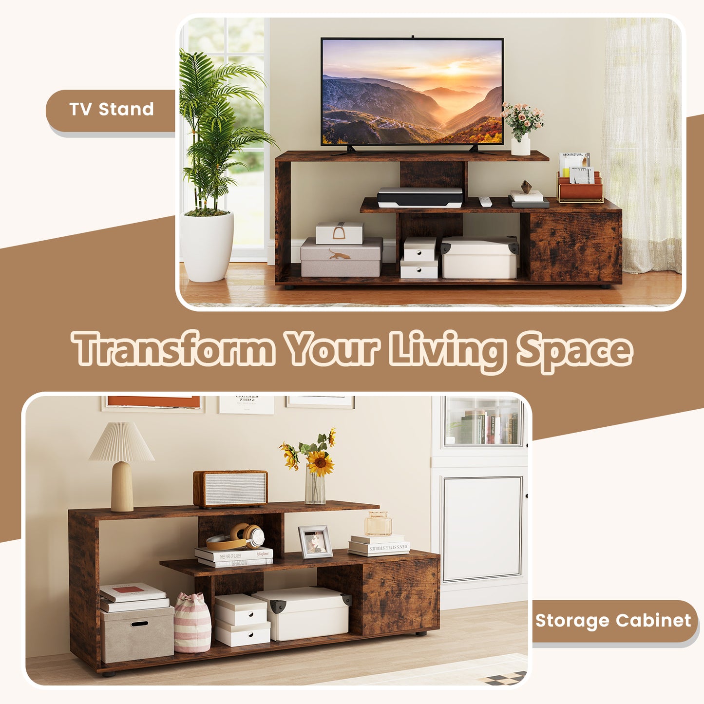 3-Tier Asymmetrical Media Console Table with Storage Shelves and Cabinet-Rustic Brown
