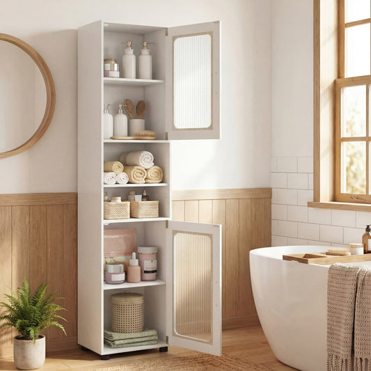 Tall Bathroom Storage Cabinet with Adjustable Shelf for Laundry-White