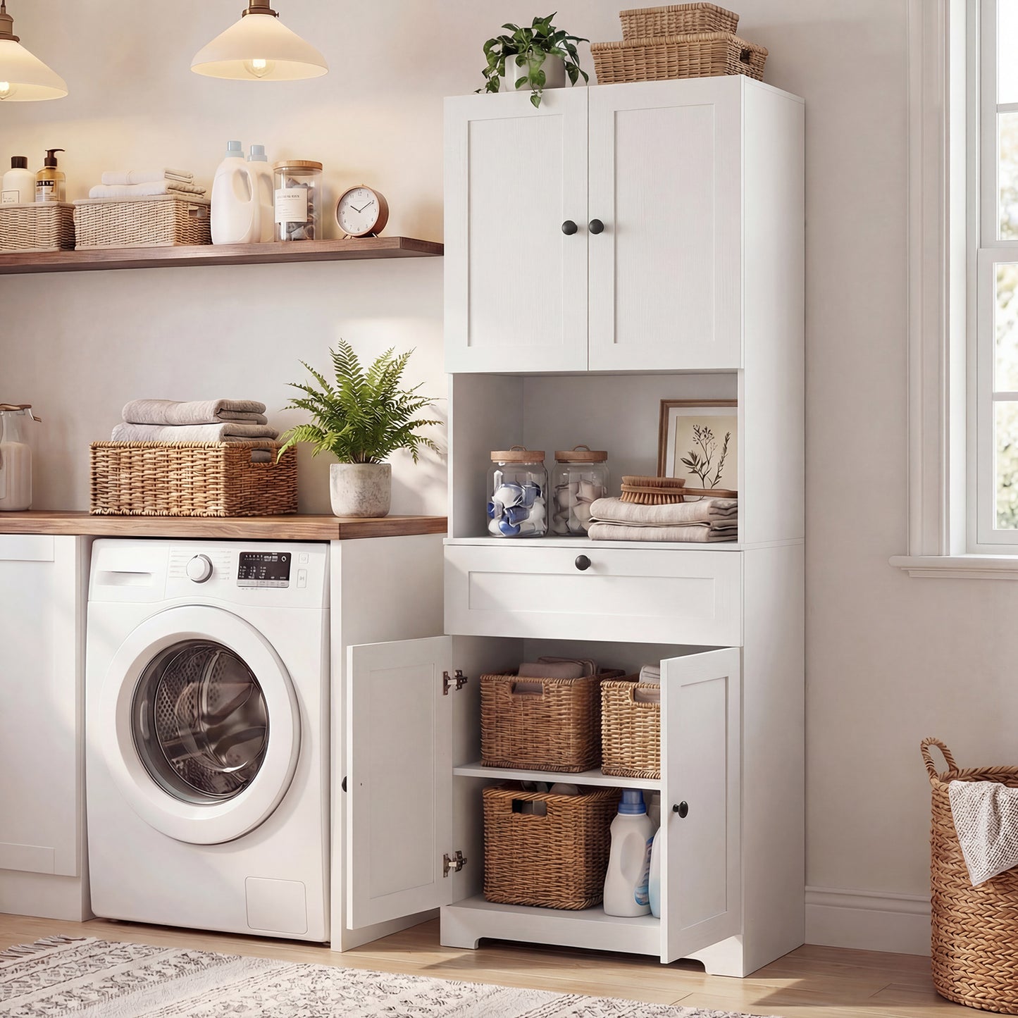 Tall Bathroom Cabinet Freestanding Storage Cabinet with 4 Doors and 1 Drawer-White