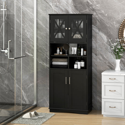 Tall Bathroom Floor Storage Cabinet with Acrylic Doors and 3 Cubes-Black