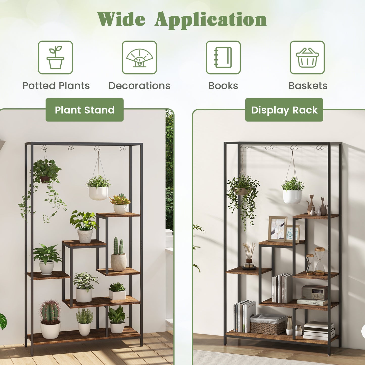 6-tier Tall Plant Stand with 10 Hanging Hooks and Wire Shelf for Multiple Plants-Rustic Brown