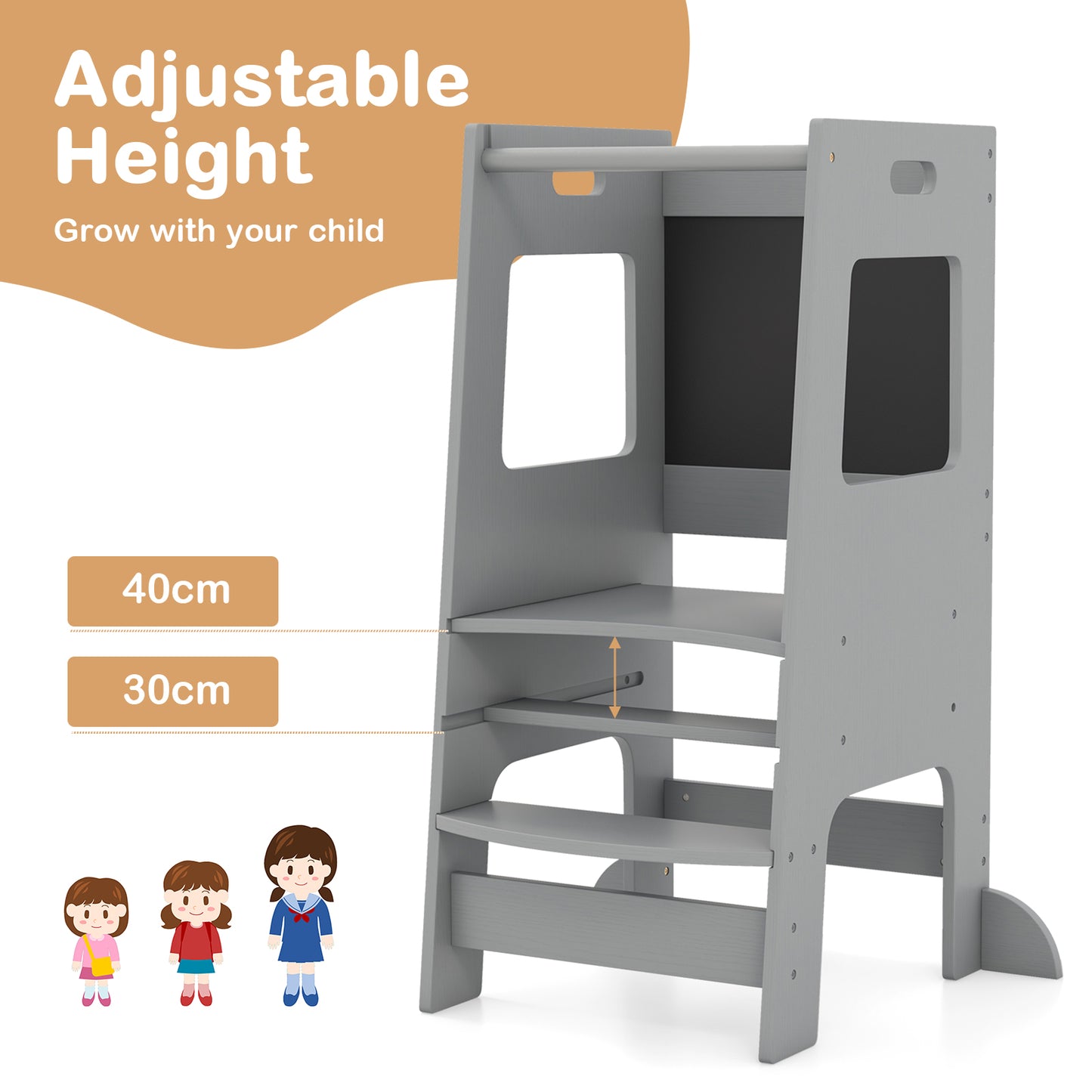 Toddler Kitchen Step Stool with Activity Chalkboard and Adjustable Height-Grey