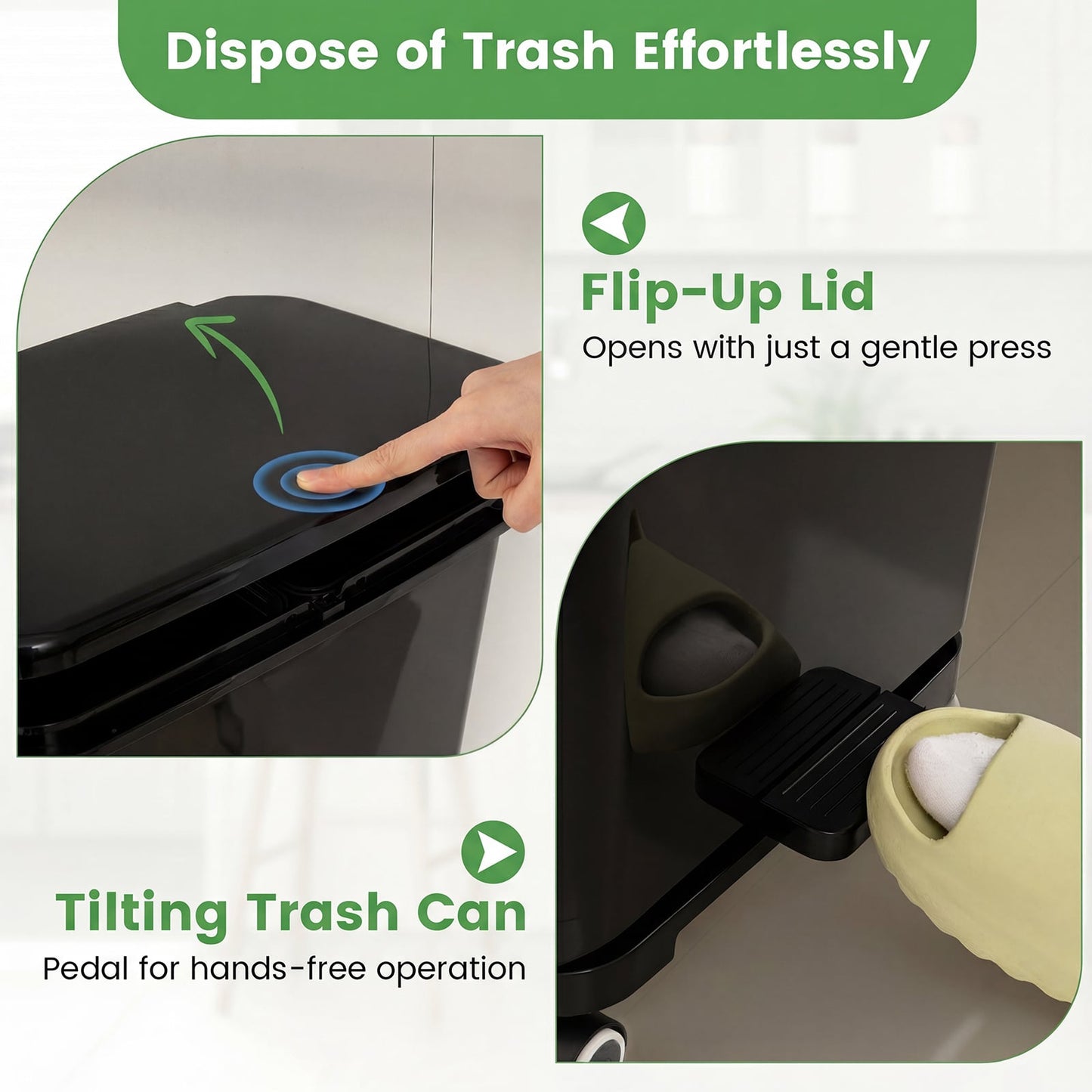 Trash Can with 2 Removable Bins and Tilting Compartment for Kitchen Office-Black