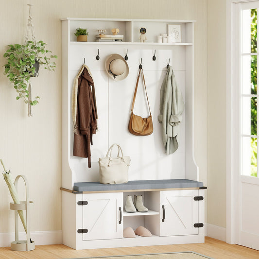 4-in-1 Hall Tree with Cushioned Bench and Shoe Storage for Living Room-White