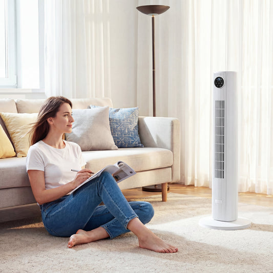 HOMCOM 28dB Tower Fan for Bedroom, 26 ft/s Velocity Standing Cooling Fan with 80° Oscillating, 12 Speeds, LED Display, 4 Modes, 12H Timer, Remote Control, 36 inch, White
