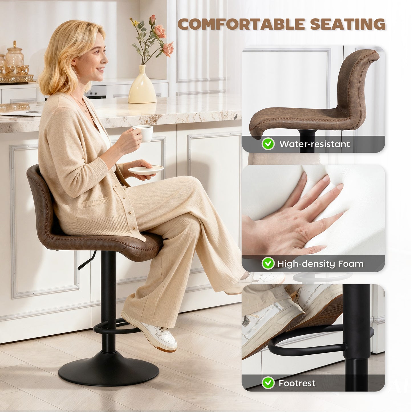 HOMCOM Bar Stools Set of 2, PU Leather Barstools with Backrest and Footrest for Kitchen, Counter, Breakfast Bar, Brown
