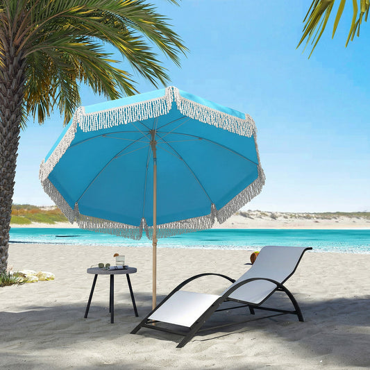 Outsunny 1.7 m Beach Umbrella with Sand Anchor, 30° Tilting Fringed Beach Garden Parasol with Adjustable Height, Grey