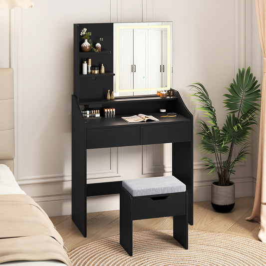 Vanity Desk Set with Built-in Charging Station and Storage Drawers-Black