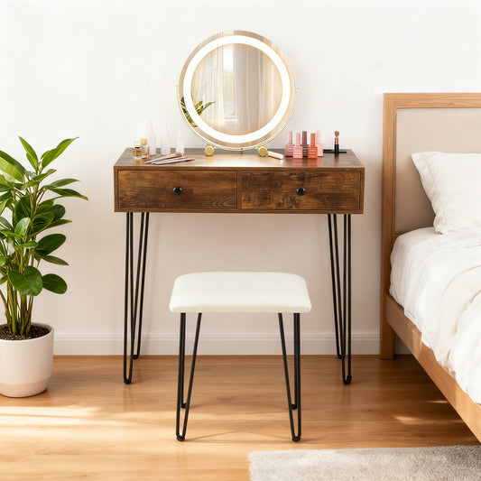 Vanity Desk with Mirror and Lights Makeup Dressing Table-Rustic Brown