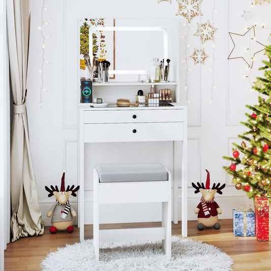 Vanity Desk with Power Outlets and 3 Color Lighting Modes for Bedroom-White