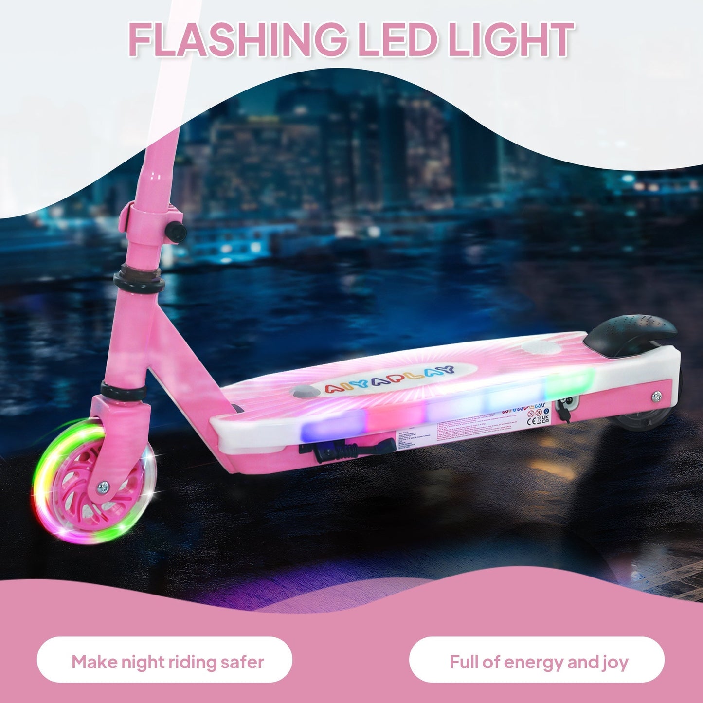 AIYAPLAY Electric Scooter for Kids Aged 4-7 Years, with Flashing LED Lights, Rear Auxiliary Wheels, Pink