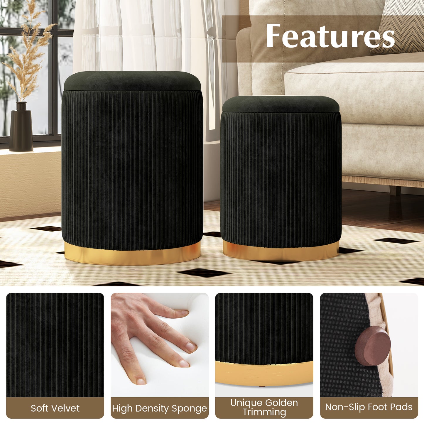 Velvet Storage Ottoman Set of 2 with Gold Stainless Steel Hoop-Black