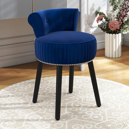 Velvet Vanity Chair with Tufted Low Back and Solid Wood Legs-Blue