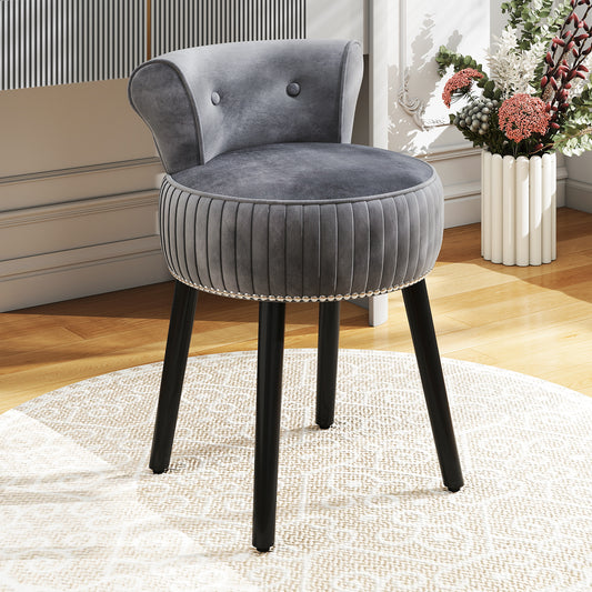 Velvet Vanity Chair with Tufted Low Back and Solid Wood Legs-Grey