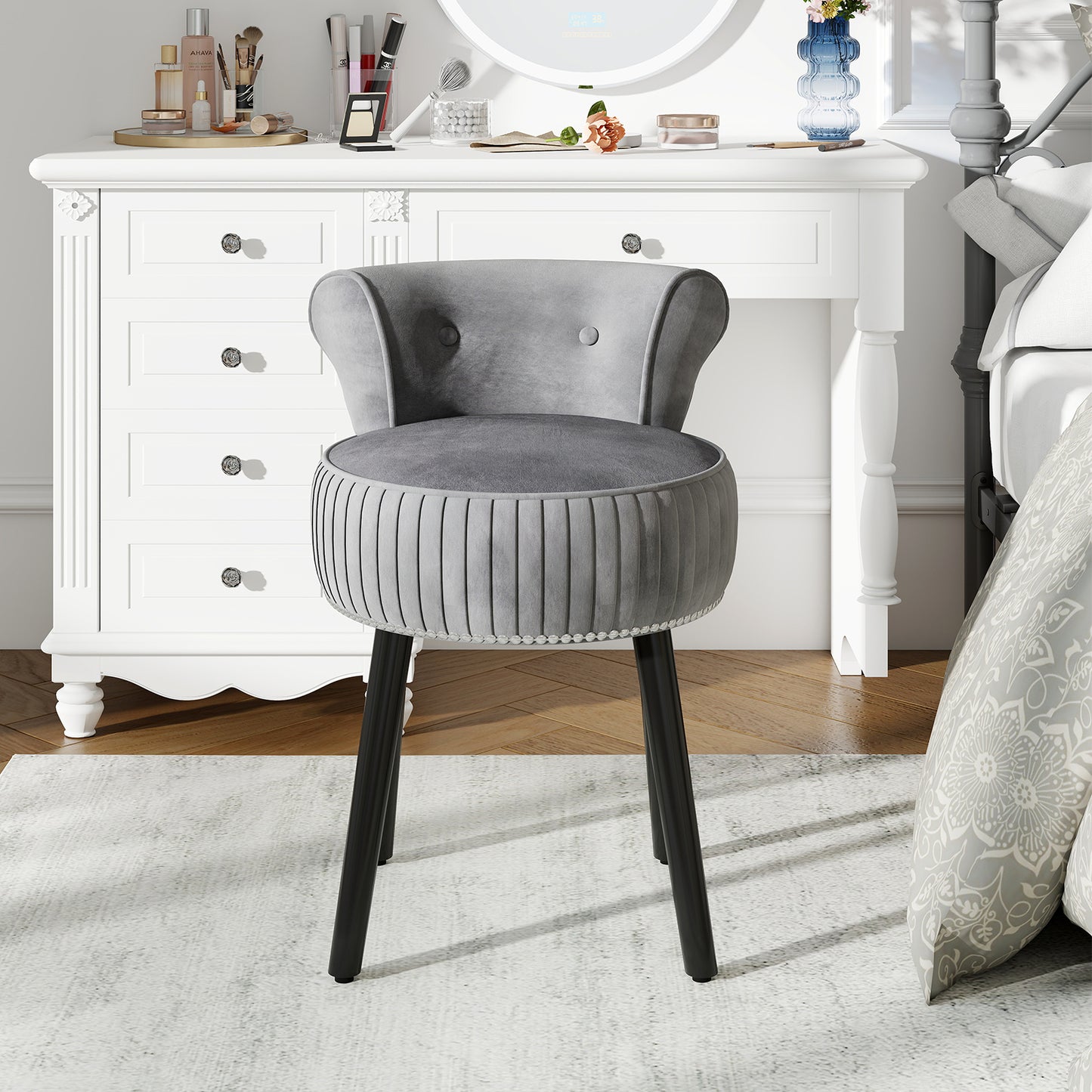 Velvet Vanity Chair with Tufted Low Back and Solid Wood Legs-Grey
