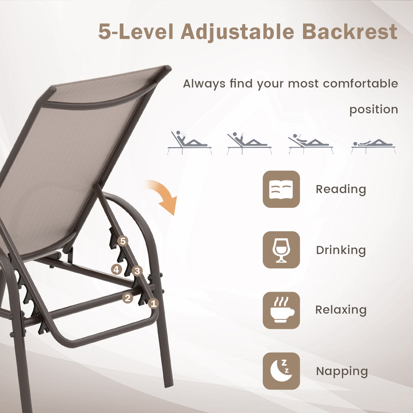 Versatile Chaise Lounge Chair with 5 Adjustable Positions Iron Construction-Brown