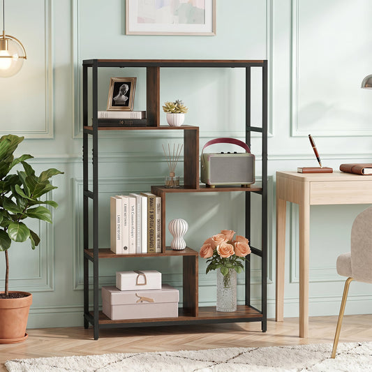 Vintage Open Storage Shelving Unit with Metal Frame for Home Office-Brown