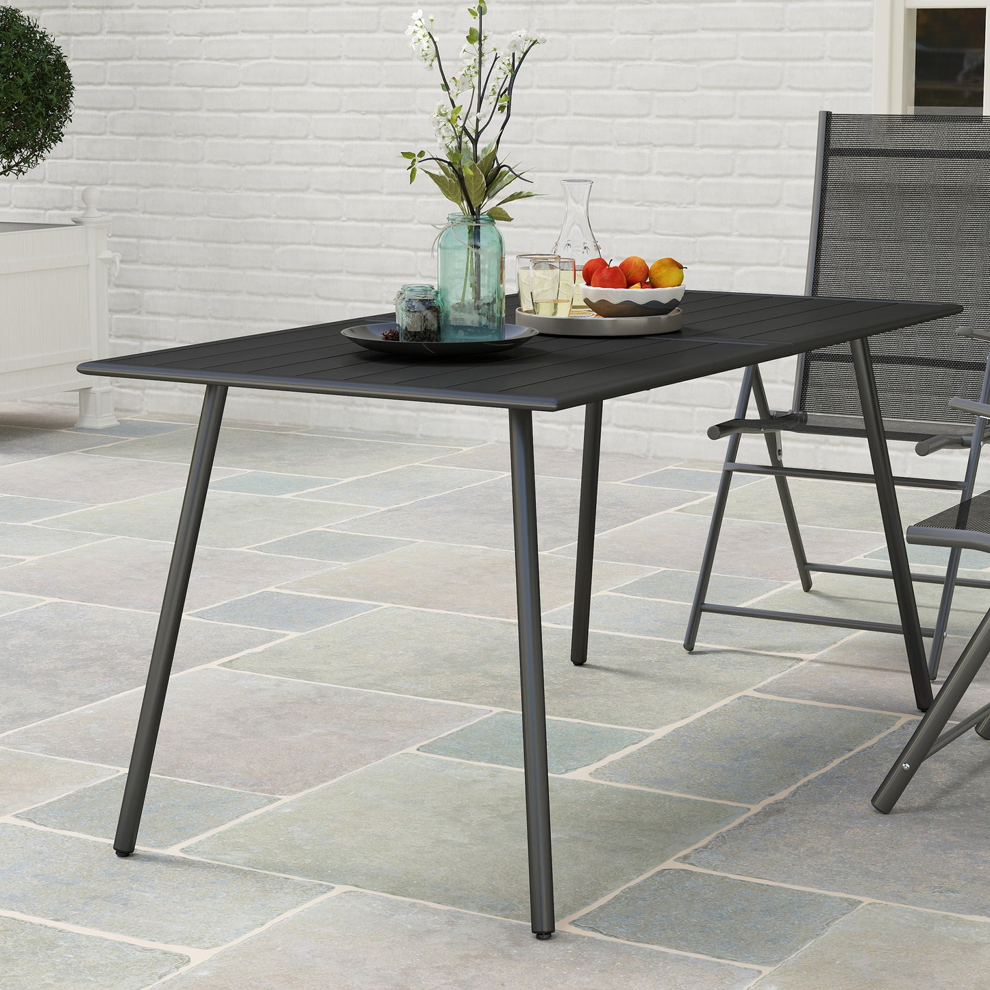 Outsunny Rectangle Garden Table with Slat Top, Steel Frame, Outdoor Table for 6 Person, 150 x 80 x 74 cm, Black