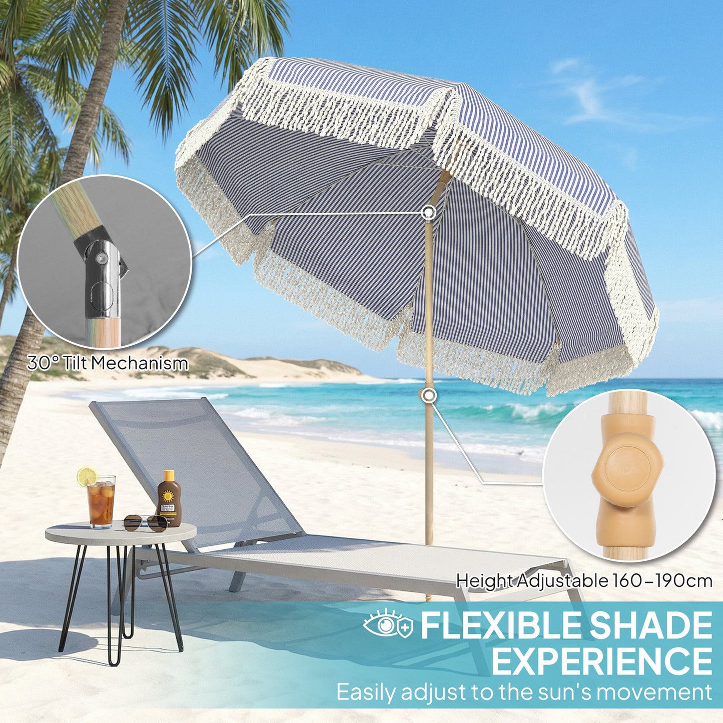 Outsunny 1.7 m Beach Umbrella with Sand Anchor, 30° Tilting Fringed Beach Garden Parasol with Adjustable Height, Blue