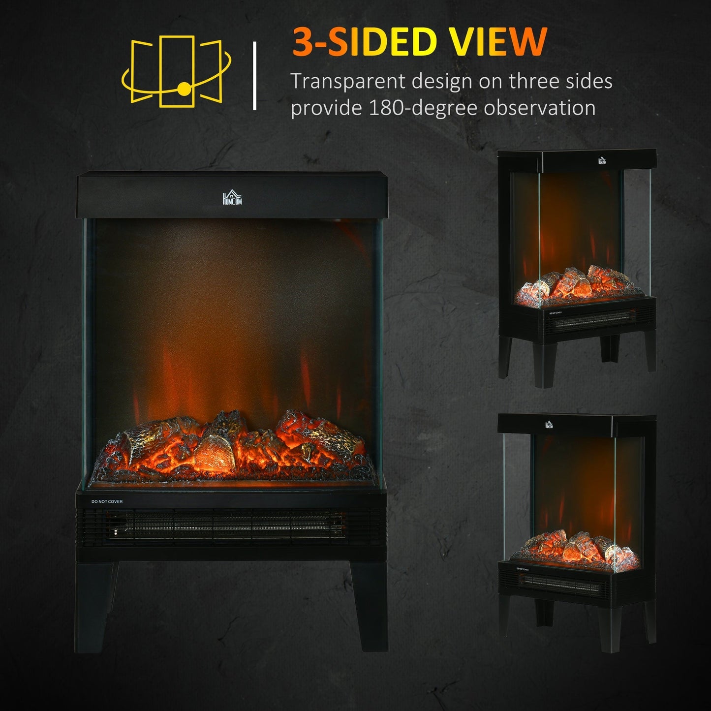 HOMCOM 180 Charming Electric Fireplace Heater, Quiet Freestanding Stove with LED Flame Effect, Level-less Temperature Control, Overheating Protection, 1000W/2000W, Black