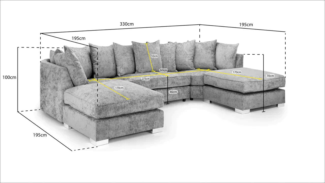 Alaska Truffle L or U Shaped Corner Sofa Large Footstools Chenille Fabric Scatter back Grey