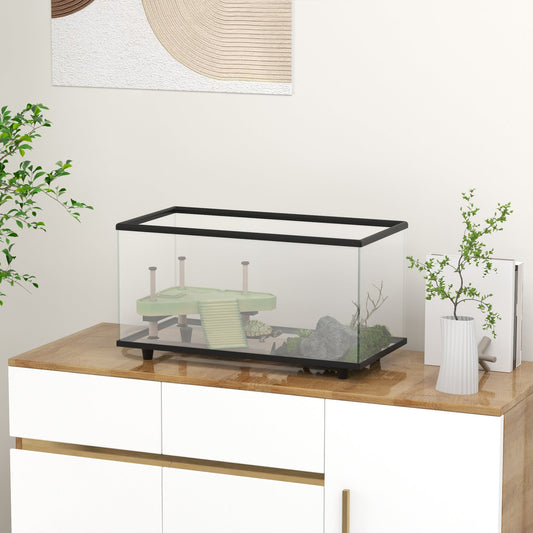 PawHut 50L Glass Turtle Tank Aquarium with Basking Platform, Easy Drainage, Strip Patch Thermometer