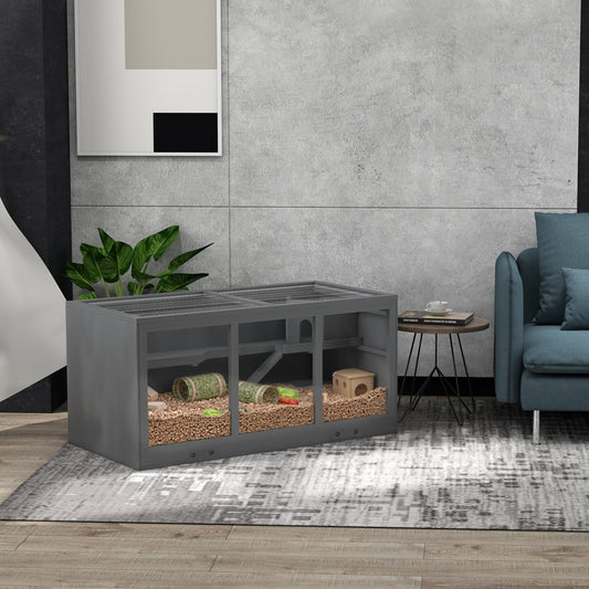 PawHut Wooden Hamster Cage, Small Animals Hutch with Tray, Openable Top, Exercise Play House Pen, 115L x 57W x 55Hcm, Grey