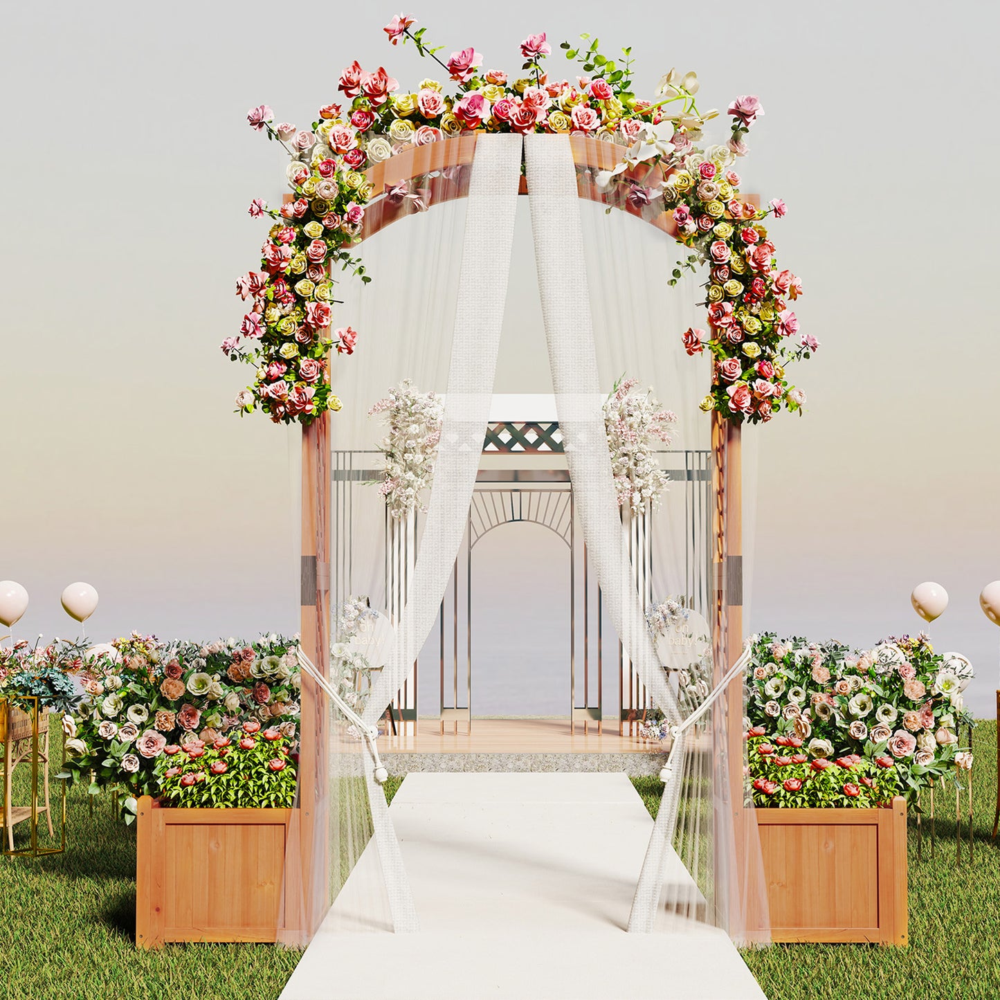 201 cm Tall Wood Garden Arbor with Planter Boxes for Climbing Plants-Yellow
