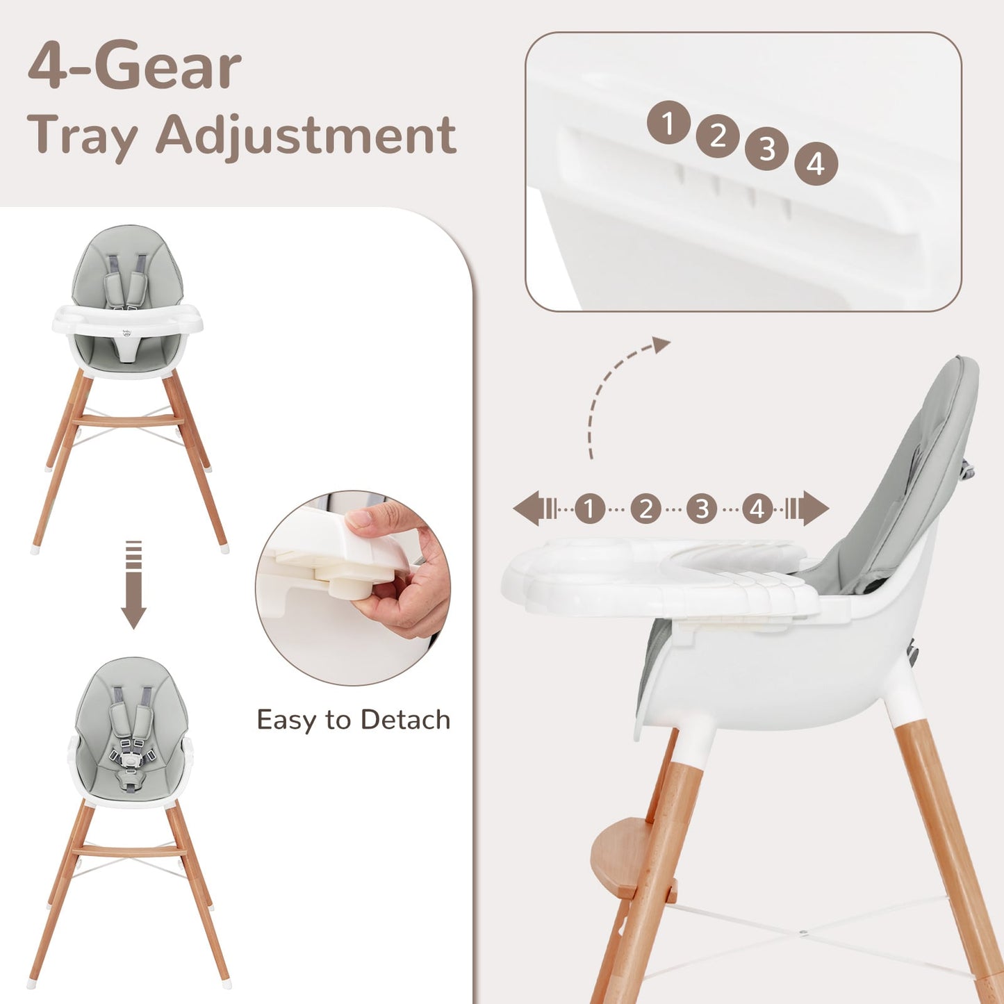 Wooden Baby Infant High chair Adjustable Double Tray with 5-Point Harness and Comfortable Footrest-Grey