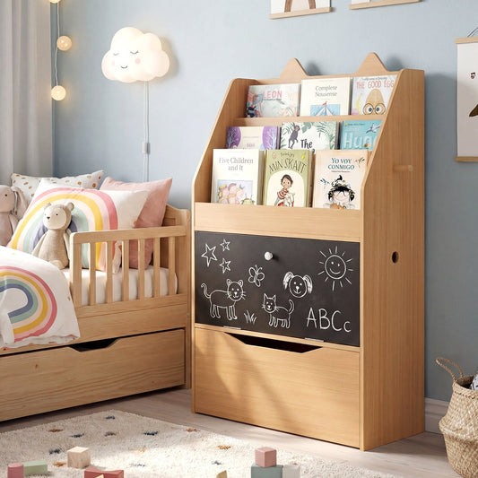 Wooden Kids Bookshelf with Movable Drawer & Chalkboard for Playroom Nursery-Natural