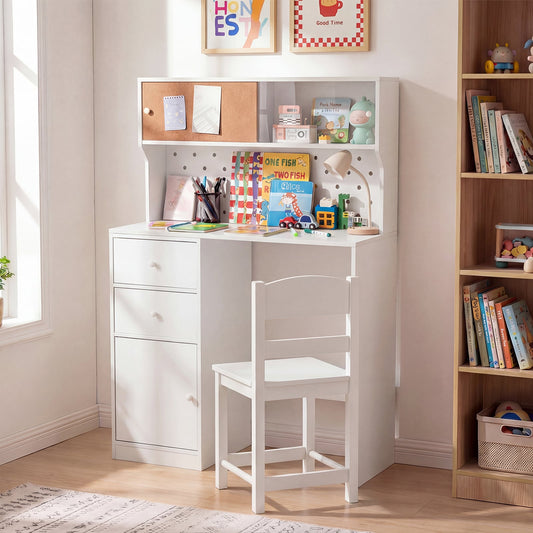 Wooden Kids Study Desk and Chair Set with 2 Cabinets and Drawers-White