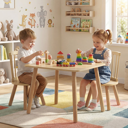 Wooden Kids Table and 2 Chairs Set with Curved Spindle Backrests-Natural