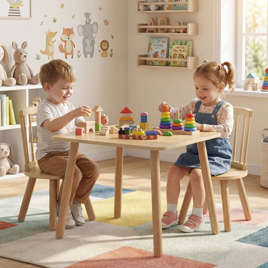 Wooden Kids Table and 2 Chairs Set with Curved Spindle Backrests-Natural
