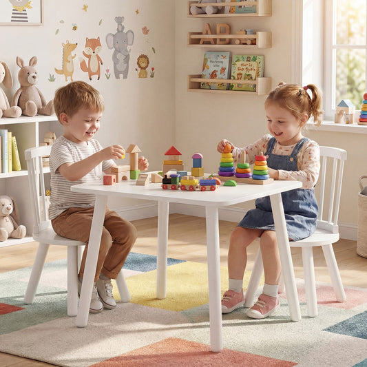 Wooden Kids Table and 2 Chairs Set with Curved Spindle Backrests-White