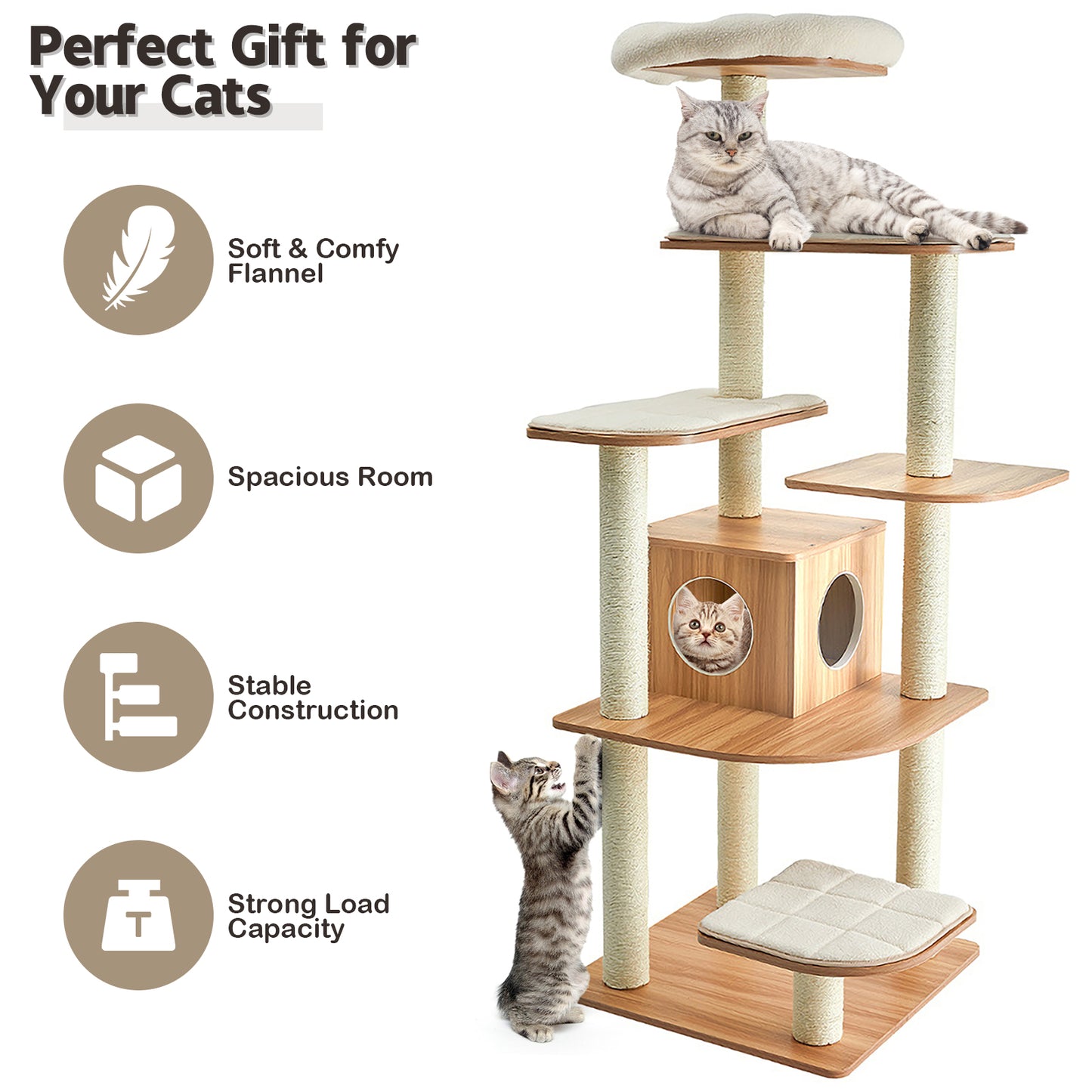 176 CM Wooden Cat Tree with Condo and Free Cushions