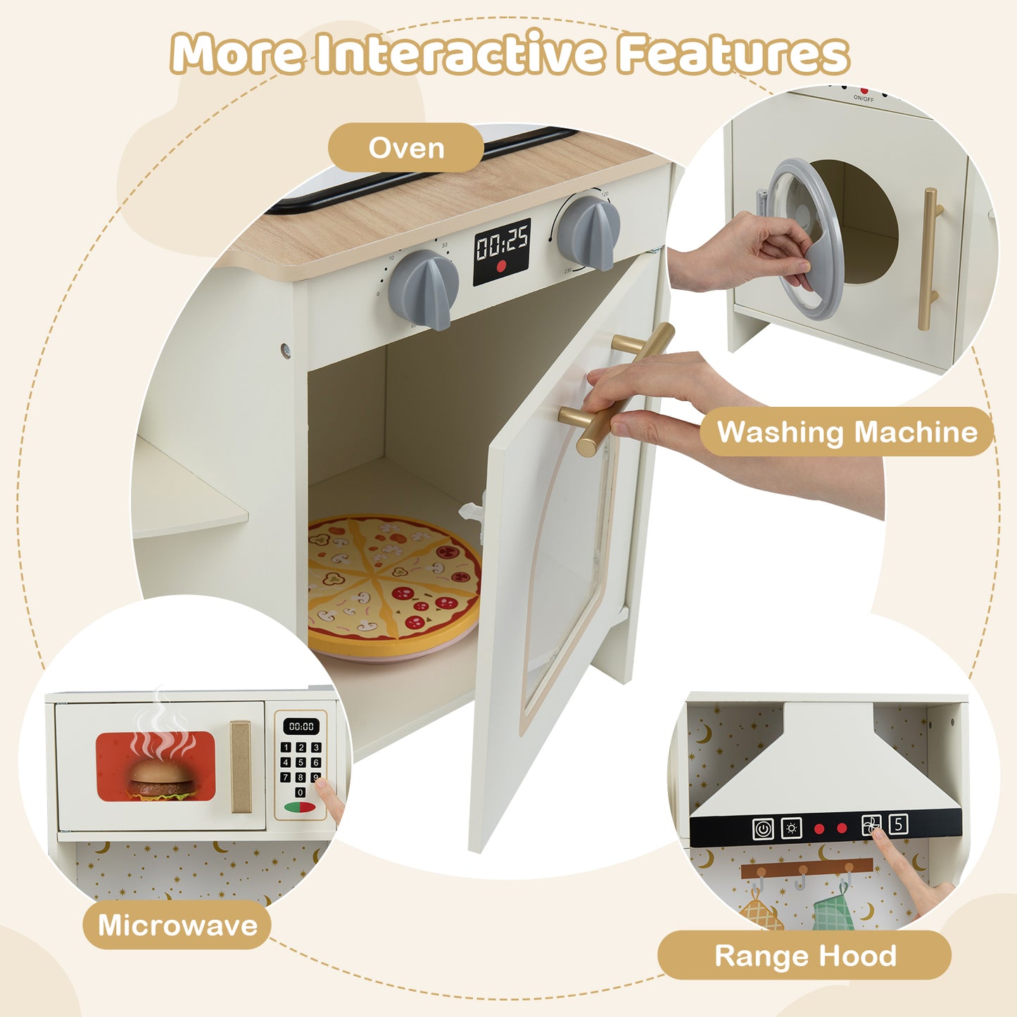 Wooden Corner Kitchen Playset with Working Faucet and Realist Sounds-Beige