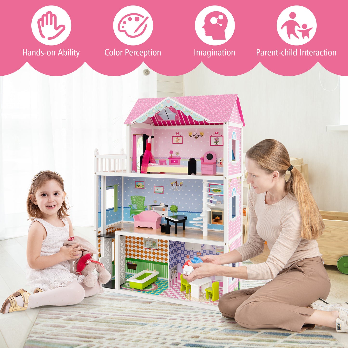 Wooden Dollhouse with Working Elevator and Rotatable Staircase-Pink