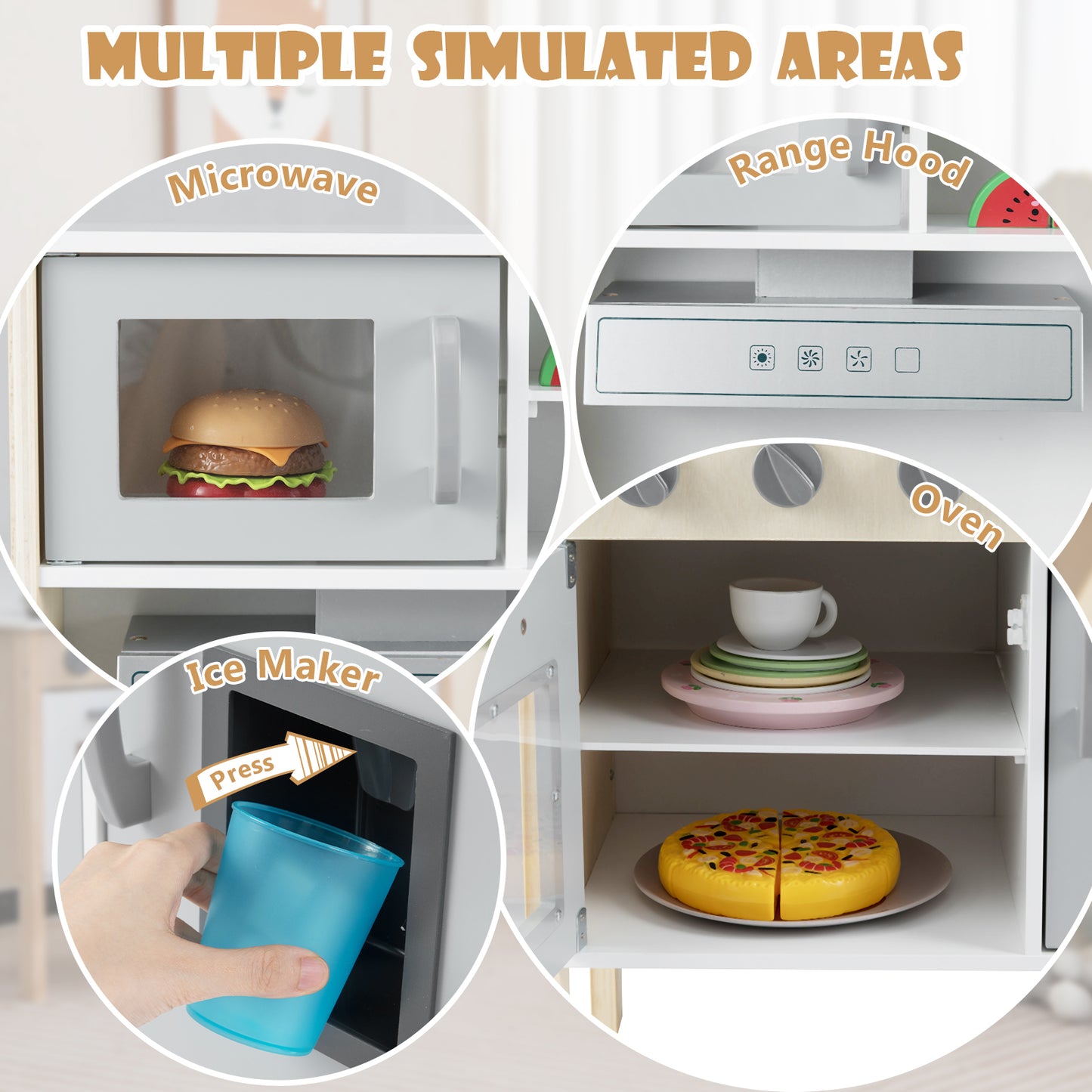 Wooden Kids Play Kitchen Set with Microwave Stoves Oven-Grey