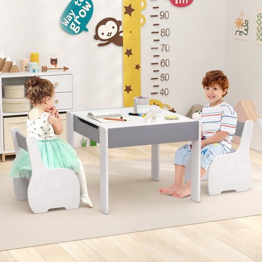 Wooden Kids Table and Chair Set with Hidden Storage-Gray & White