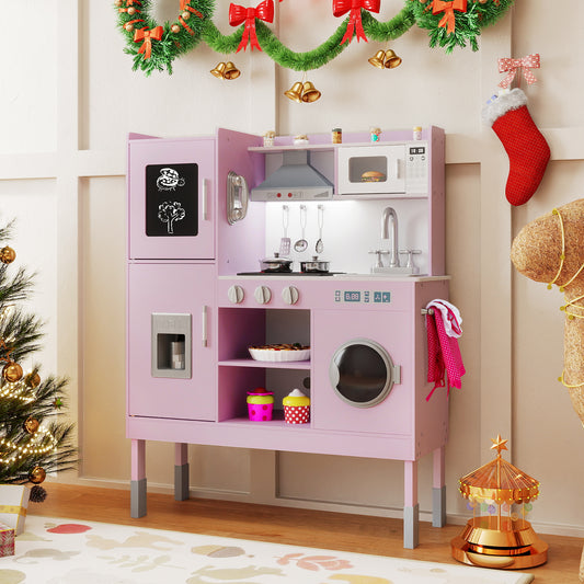 Wooden Kitchen Toy Set with 16 Pieces Accessories and Real Sounds-Pink