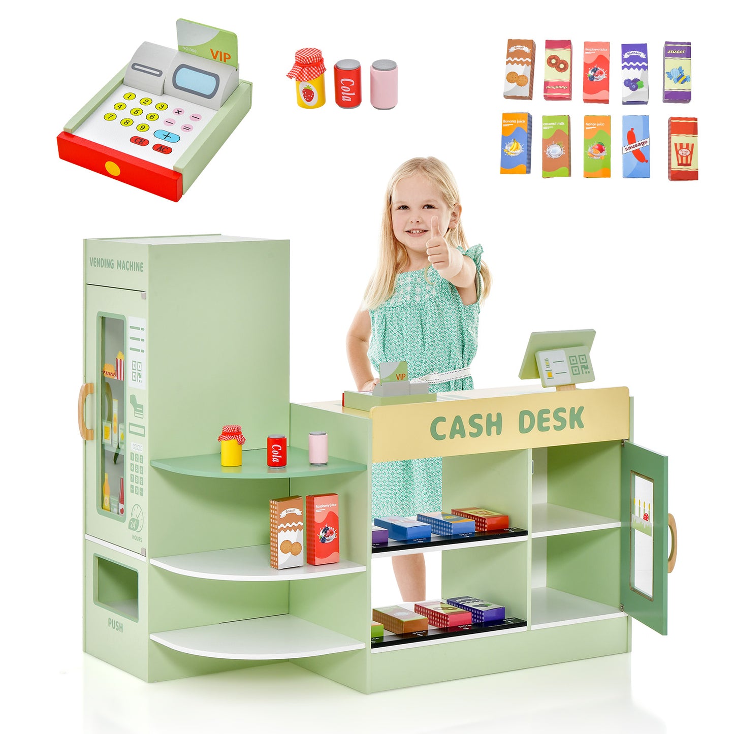 Kids Wooden Grocery Store Supermarket Play Toy Set-Green
