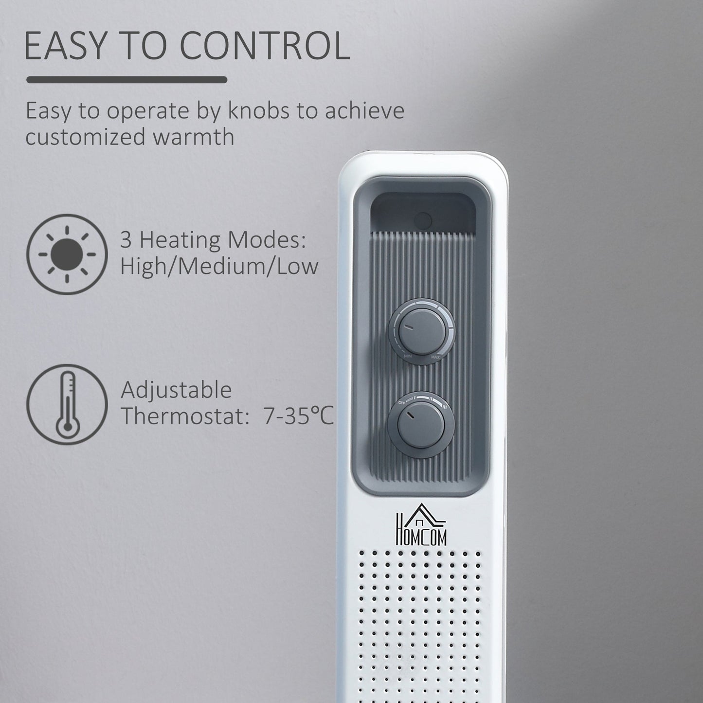 HOMCOM 1500W Oil Filled Radiator, Portable Electric Heater with 3 Heat Settings, Safety Cut-Off and Wheels, White