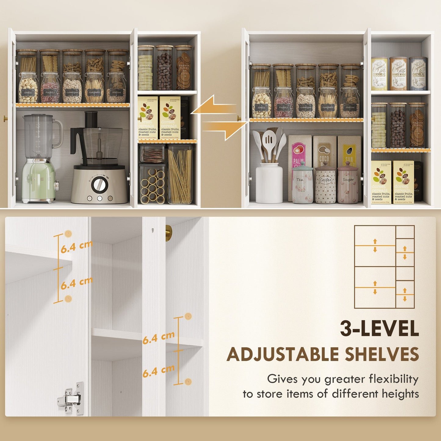 HOMCOM Multi-Storage Kitchen Cabinet, with Glass Doors - White Wood-Effect