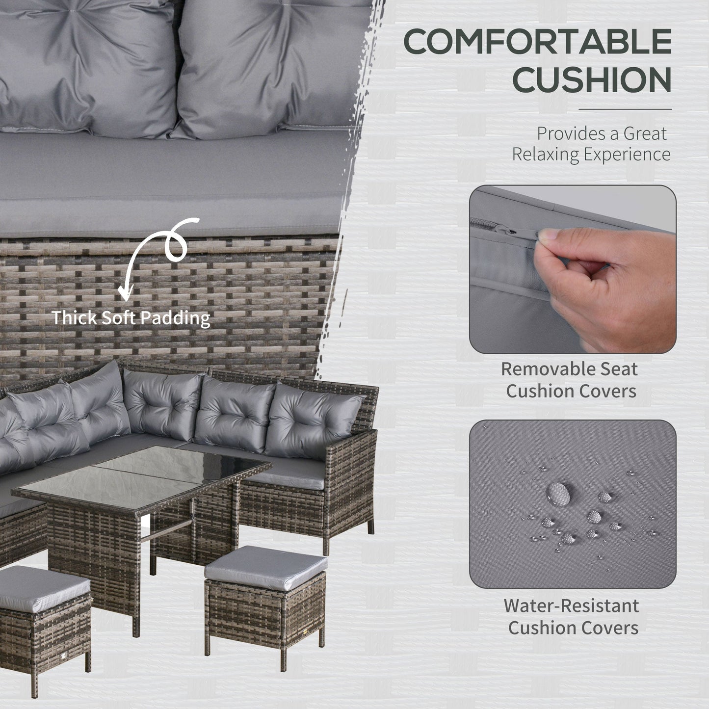 Outsunny 8 Seater Patio wicker Sofa Set ,Outdoor Couch with Table & Cushions, Grey