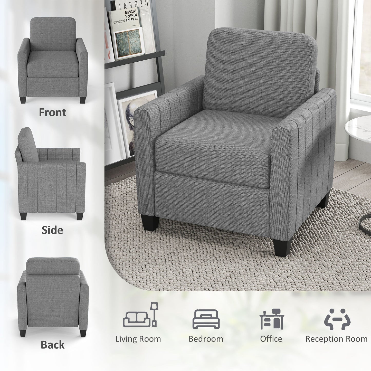 HOMCOM Modern Boxy Linen-Look Armchair - Light Grey