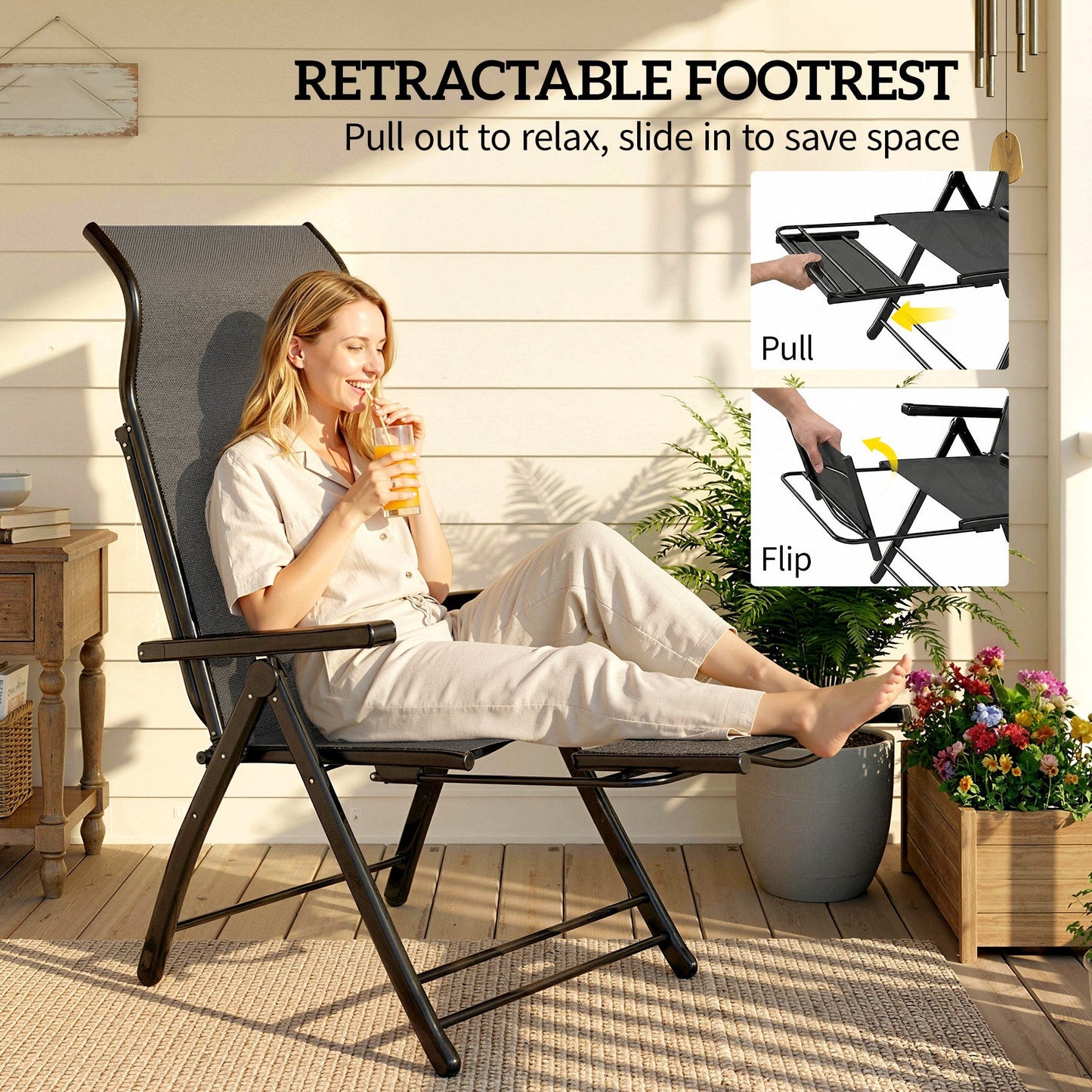 Outsunny Reclining Garden Chairs Set of 2, 5-Position Folding Sun Loungers with High Back, Retractable Footrest, Dark Grey